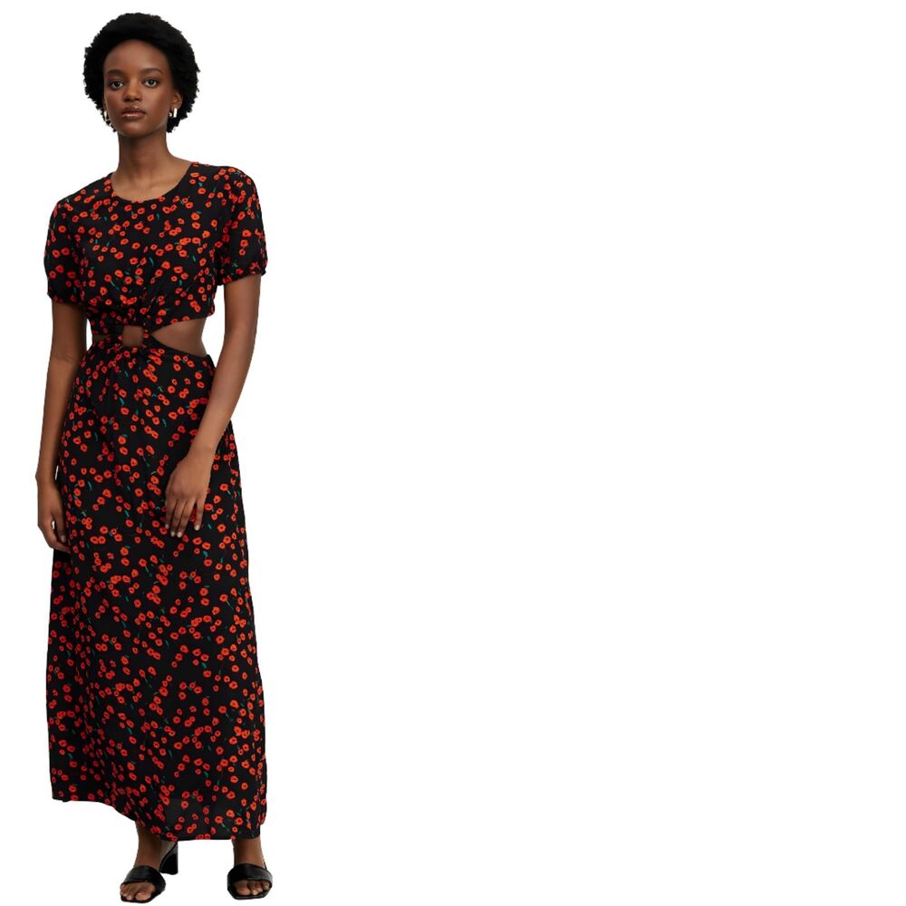 STAUD NWOT Calypso Cutout Midi Dress Black Red Floral Poppy Field Crepe Size M